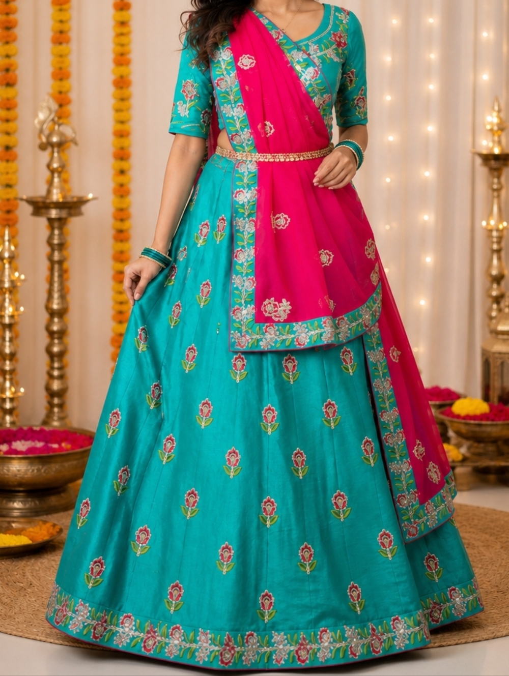 Turquoise & Pink Embroidered Women's Lehenga Skirt with Dupatta And Blouse - M/L